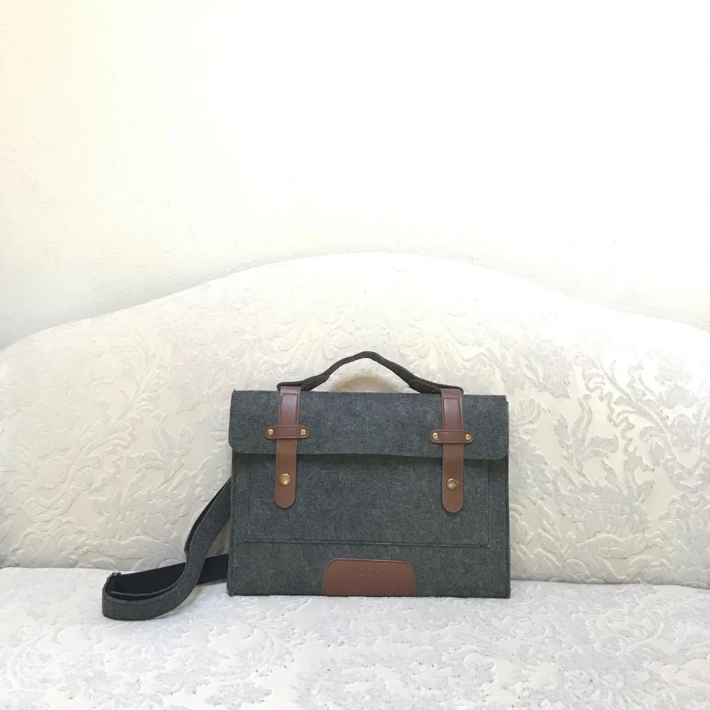 Charcoal Felt Laptop Shoulder Bag with Faux Leather Accents - 13-13.3 inch